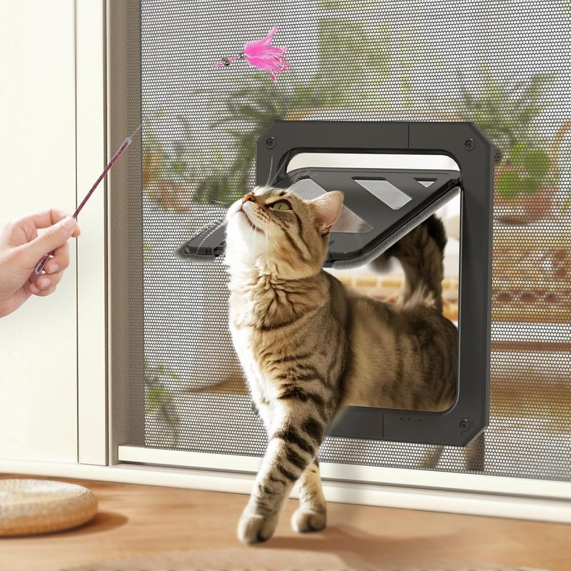 LIBBEPET Cat Door for Screen Door, Lockable Cat Screen Door for Cats & Small Dogs Up to 20 lbs, Magnetic Flap Opening 7 x 9 inches, Equipped with Interactive Cat Toy & Installation Tools, Black - Image 1